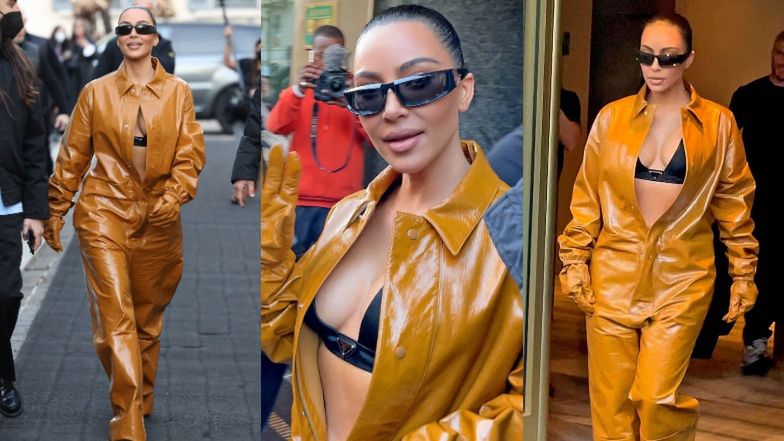 Wydekoltowana Kim Kardashian paraduje w skórzanym kombinezonie po włoskich ulicach (ZDJĘCIA)
