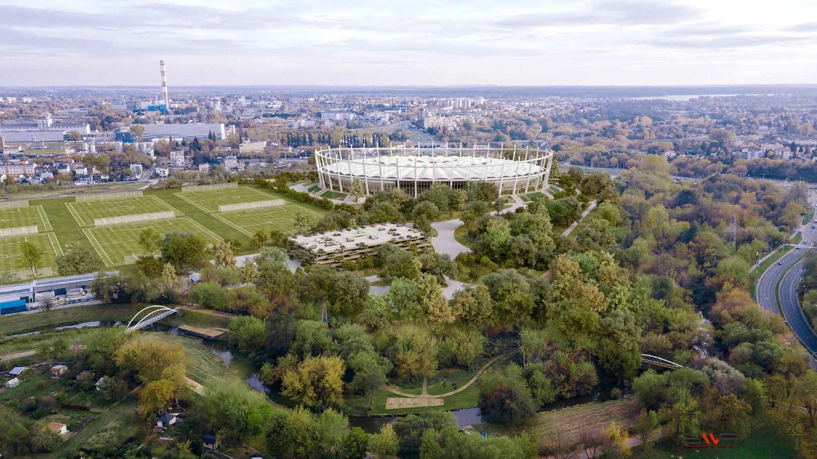 Widok na nowy stadion żużlowy i wielopoziomowy parking od ul. Nadbystrzyckiej