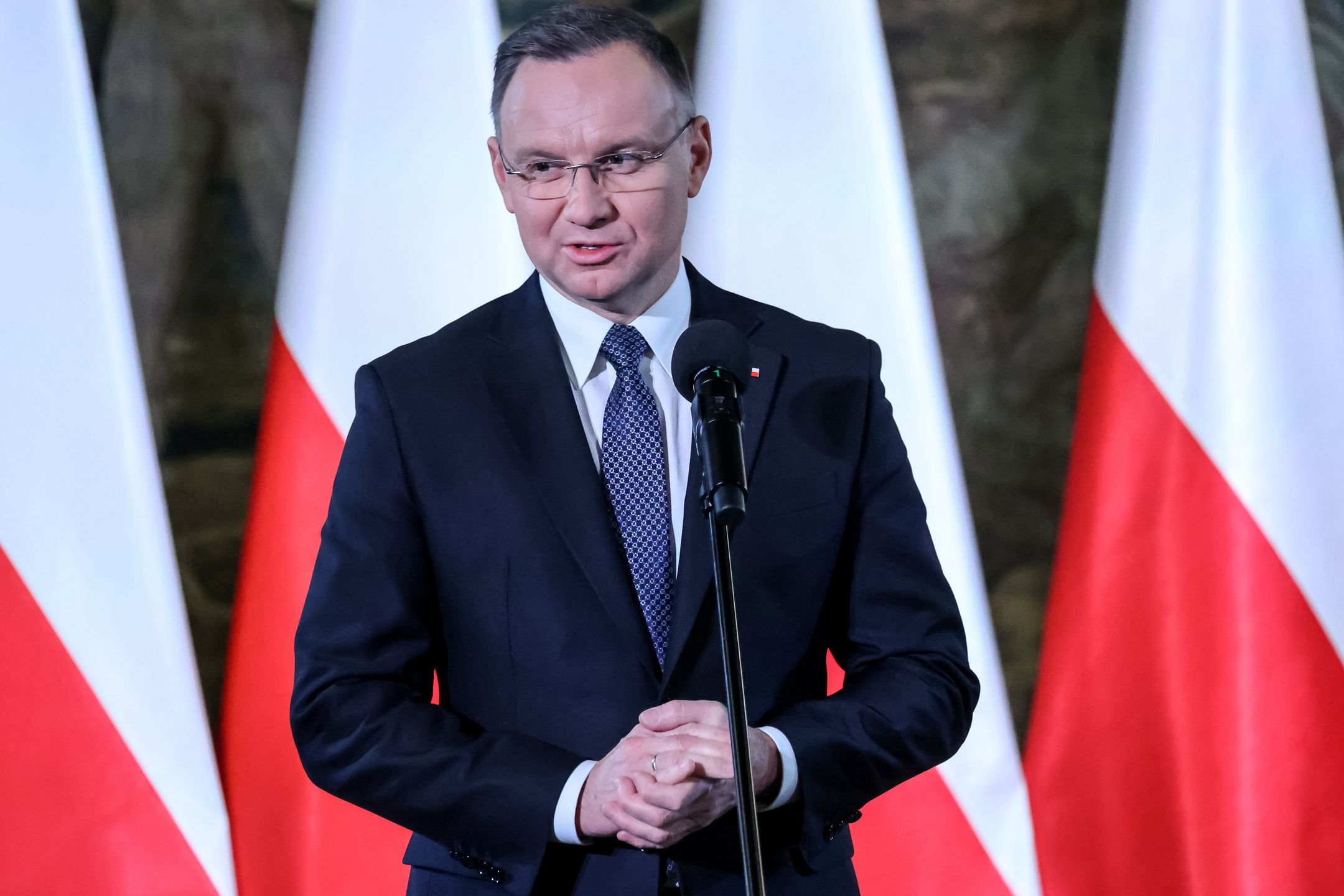 KRAKOW, POLAND - 2023/11/24: President of the Republic of Poland, Andrzej Duda attends the Plenary Meeting of the Social Committee for the Restoration of Krakow Monuments in landmark middle age architecture of Wawel castle, senator room, to celebrate and appreciate the work done to restore Krakow's medieval and more recent architecture. (Photo by Dominika Zarzycka/SOPA Images/LightRocket via Getty Images)