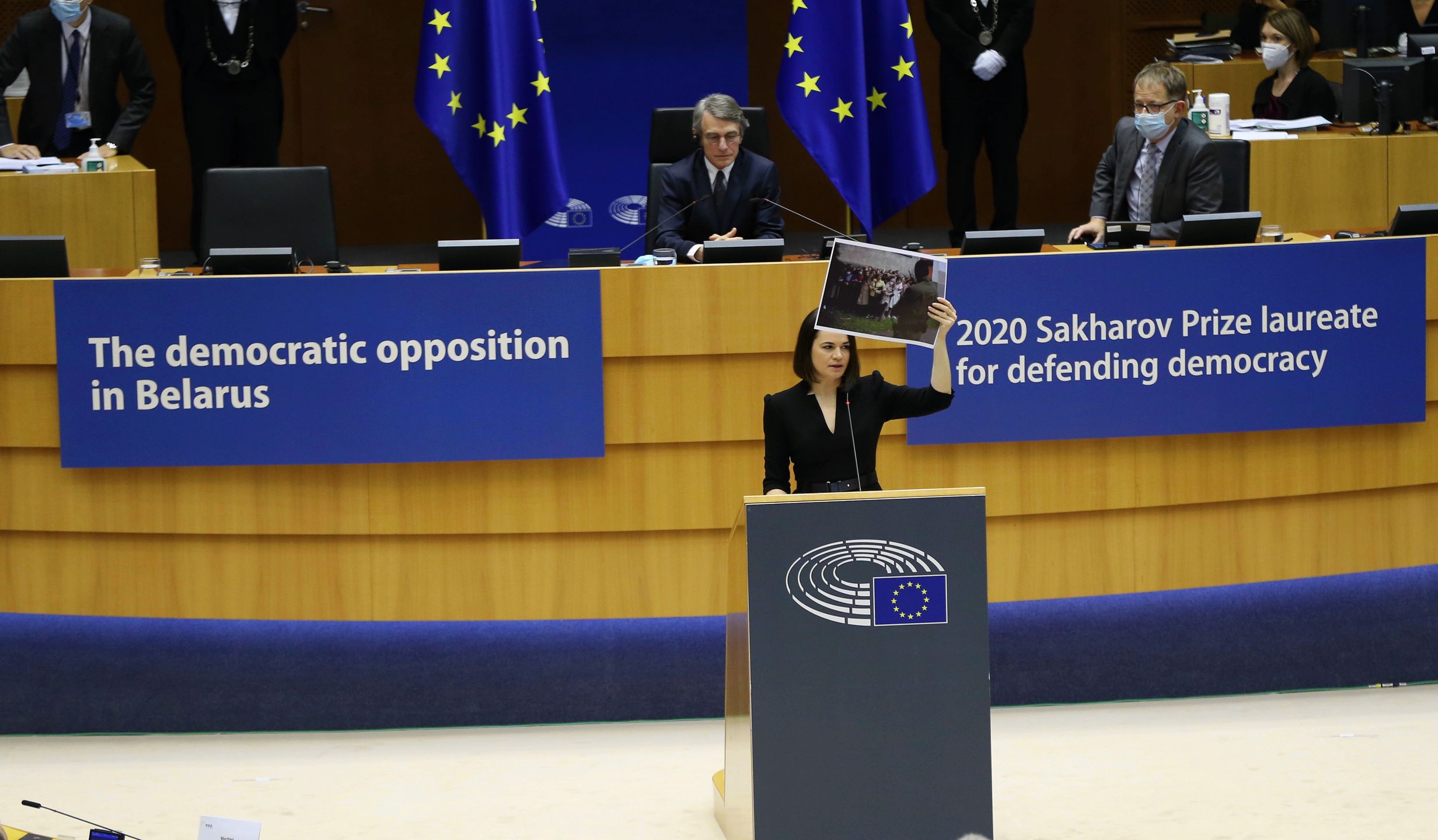 BRUSSELS, BELGIUM - DECEMBER 16: Belarusian opponent Sviatlana Tsikhanouskaya speaks during 2020 Sakharov Award Ceremony, which is given to the democratic opposition in Belarus, at European Parliament in Brussels, Belgium on December 16, 2020. Sviatlana Tsikhanouskaya, Veranika Tsapkala, Siarhei Dyleuski, Ales Bialiatskit, Stsiapan Putsila, Maria Adamovic's wife, Tatiana Khomich and her sister Maryia Kalesnikava have been awarded during the ceremony. (Photo by Dursun Aydemir/Anadolu Agency via Getty Images)