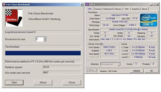 Intel Core i7 3770K  procesor Fritz CHess Benchmark zrzut ekranu wydajność