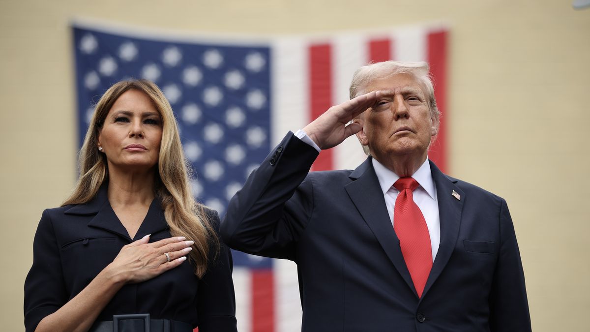 ARLINGTON, VIRGINIA - SEPTEMBER 11: U.S. President Donald Trump and first lady Melania Trump attend a September 11th observance event in the courtyard of the Pentagon September 11, 2025 in Arlington, Virginia. Today marks the 24th anniversary of the 9/11 terror attacks that claimed the lives of nearly 3,000 people. (Photo by Win McNamee/Getty Images)