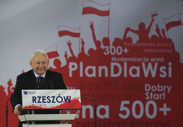 Jaroslaw Kaczynski, the chairman of the Law and Justice party, speaks during his party election campaign convention in Rzeszow. 
The next Polish parliamentary elections will be held in a week's time (13th October 2019). 460 members of the Sejm (Polish Parliament) and 100 senators will be elected. 
On Sunday, October 6, 2019, in Rzeszow, Poland. (Photo by Artur Widak/NurPhoto via Getty Images)