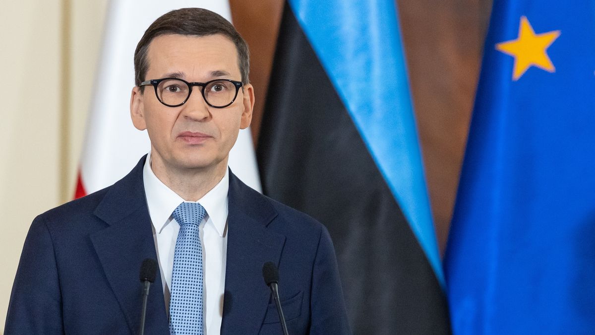 Mateusz Morawiecki during official visit of Estonian Prime Minister in Poland in Warsaw, Poland on April 25, 2023. (Photo by Foto Olimpik/NurPhoto via Getty Images)