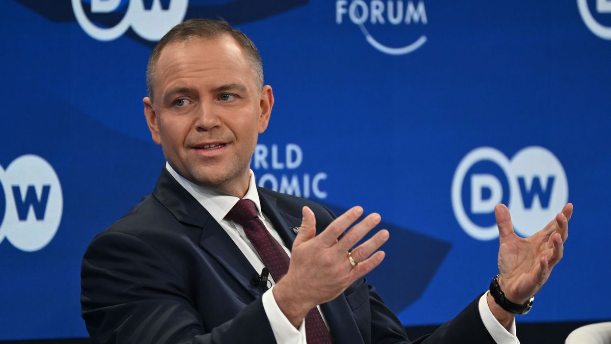 DAVOS, SWITZERLAND - JANUARY 21: President of Poland Karol Nawrocki gives a speech at the World Economic Forum Annual Meeting held in Davos, Switzerland on January 21, 2026. (Photo by Harun Ozalp/Anadolu via Getty Images)