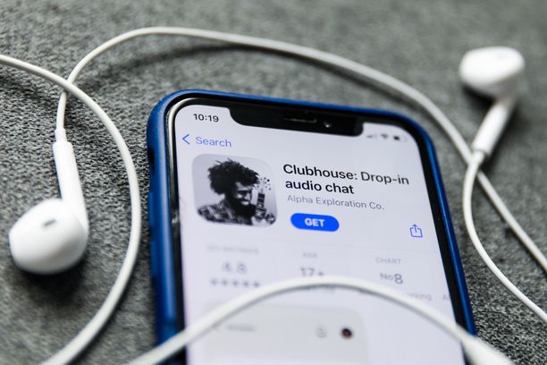 Clubhouse Drop-in audio chat app logo on the App Store is seen displayed on a phone screen in this illustration photo taken in Poland on February 3, 2021.  (Photo illustration by Jakub Porzycki/NurPhoto via Getty Images)
