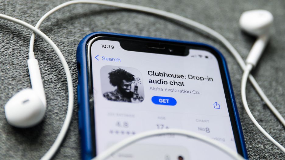 Clubhouse Drop-in audio chat app logo on the App Store is seen displayed on a phone screen in this illustration photo taken in Poland on February 3, 2021.  (Photo illustration by Jakub Porzycki/NurPhoto via Getty Images)