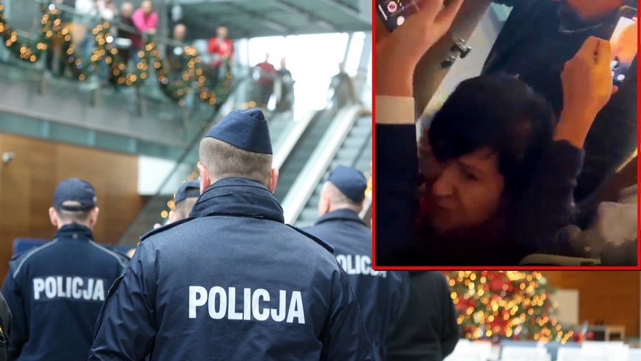 Policja interweniuje podczas zmiany władz w w TVP. Na mniejszym zdjęciu incydent z posłanką PiS.