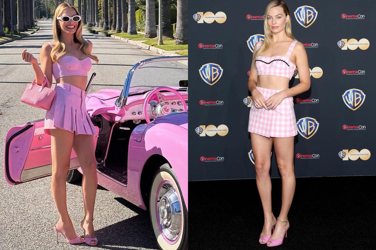Margot Robbie w różowych stylizacjach z bardotką