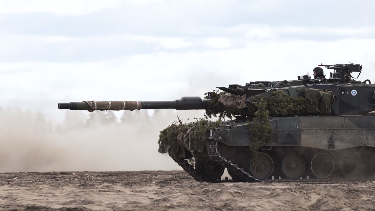 A Leopard 2 A6 battle tank during the Finnish Army Arrow 22 training exercise, with participating forces from the U.K., Latvia, U.S. and Estonia, in Niinisalo, Finland, on Wednesday, May 4, 2022. Swedes and Finns are increasingly in favor of joining the NATO defense bloc after Russia's invasion of Ukraine, adding pressure on the countries' leaders to change long-standing policies of military non-alignment. Photographer: Roni Rekomaa/Bloomberg via Getty Images