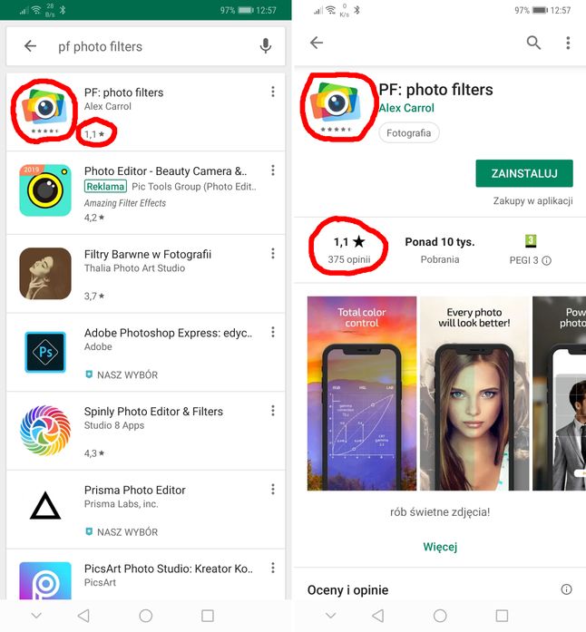Aplikacja z fałszywymi ocenami w Google Play