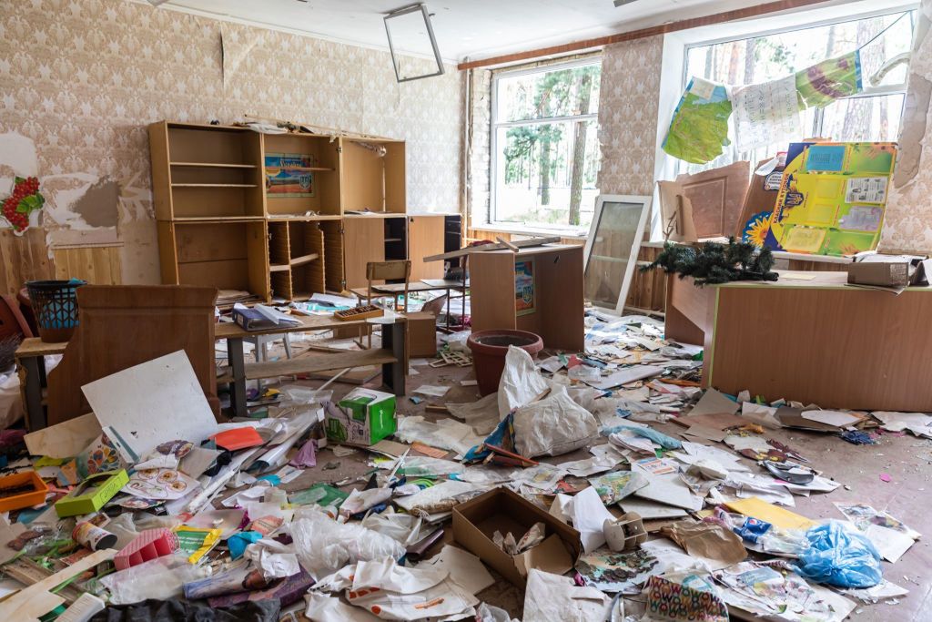 Chaos and disorder in the school building of the school 21CHERNIHIV, UKRAINE - 2022/07/27: Chaos and disorder in the school building of the school 21 in Chernihiv as a result of an attack by the Russian army. This is a secondary school. It was destroyed by artillery and rocket attacks by the Russian army in the first stage of the war. "School 21" - This is the school number. All schools in Ukraine in each settlement have their own number. (Photo by Mykhaylo Palinchak/SOPA Images/LightRocket via Getty Images)SOPA Imagesdisorder, class, destroyed, russian invasion, school, school 21, ukraine - russia