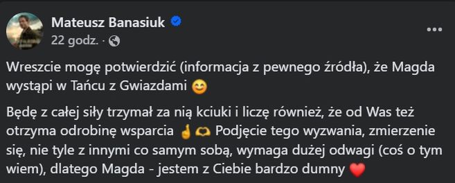 Wpis Mateusza Banasiuka na Facebooku