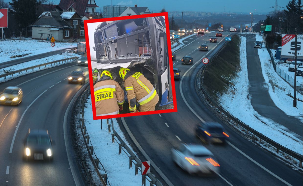 Poważne utrudnienia na Zakopiance. Autobus zderzył się z ciężarówką