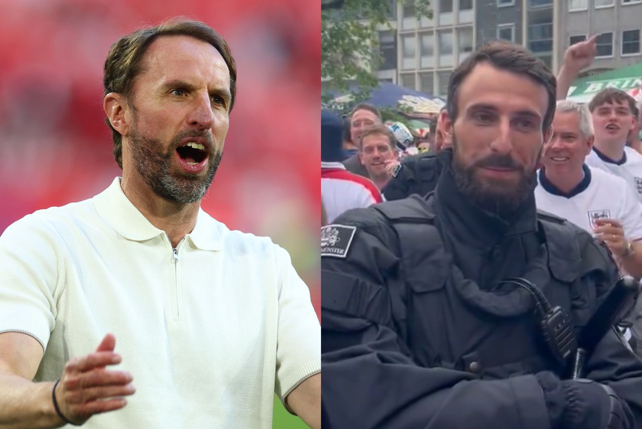 The manager of the English team mistaken for a lookalike. Fans sing in honour of... a policeman