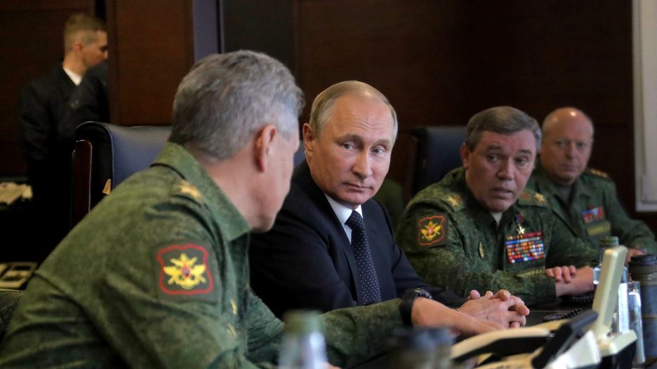 President Putin attends Zapad 2017 military drillsLENINGRAD REGION, RUSSIA - SEPTEMBER 18 : (----EDITORIAL USE ONLY  MANDATORY CREDIT - "RUSSIAN PRESIDENTIAL PRESS AND INFORMATION OFFICE / MIKHAIL KLIMENTYEV /  HANDOUT" - NO MARKETING NO ADVERTISING CAMPAIGNS - DISTRIBUTED AS A SERVICE TO CLIENTS----) Russia's Defense Minister Sergei Shoigu (L), Russia's President Vladimir Putin (2nd L) and Russia's First Deputy Defense Minister, Chief of the General Staff of the Russian Armed Forces Valery Gerasimov ( 2nd R) attend the main stage of Zapad 2017, joint Russian and Belarusian military exercises, at Luzhsky range in Leningrad Region of Russia on September 18, 2017. (Photo by Russian Presidential Press and Information Office / Mikhail Klimentyev / Handout/Anadolu Agency/Getty Images)Anadolu Agencymilitary, Russian, Vladimir Putin, joint military exercise, Sergei Shoigu, Valery Gerasimov, Russia's President, Belarusian, Leningrad, Russia's Defense Minister, Chief of the General Staff of the Russian Armed Forces, Zapad 2017 military drills, Russia's First Deputy Defense Minister