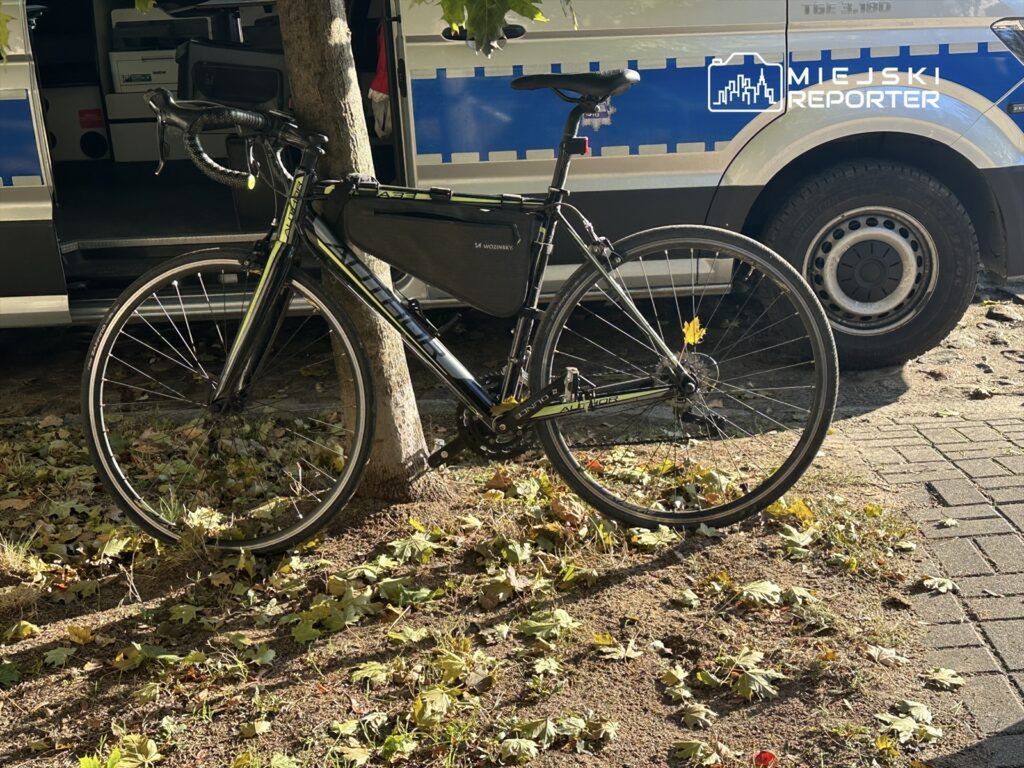Rower zaparkowany obok radiowozu na tle opadających liści w słoneczny dzień.