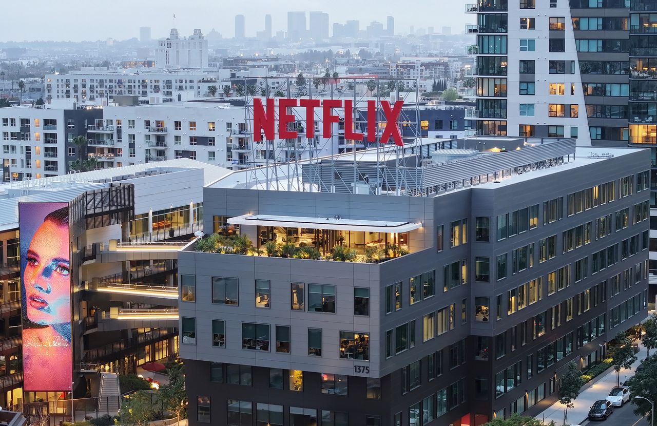 LOS ANGELES, CALIFORNIA - JANUARY 24: In an aerial view, the Netflix logo is displayed above its corporate offices on January 24, 2024 in Los Angeles, California. Netflix shares jumped over ten percent in trading today after the company announced that it added over 13 million subscribers in the fourth quarter. (Photo by Mario Tama/Getty Images)