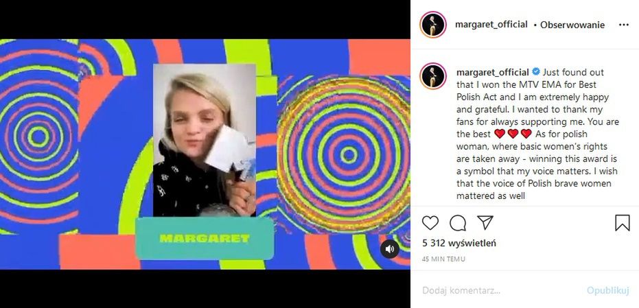 Margaret wygrała MTV EMA dla najlepszej polskiej artystki