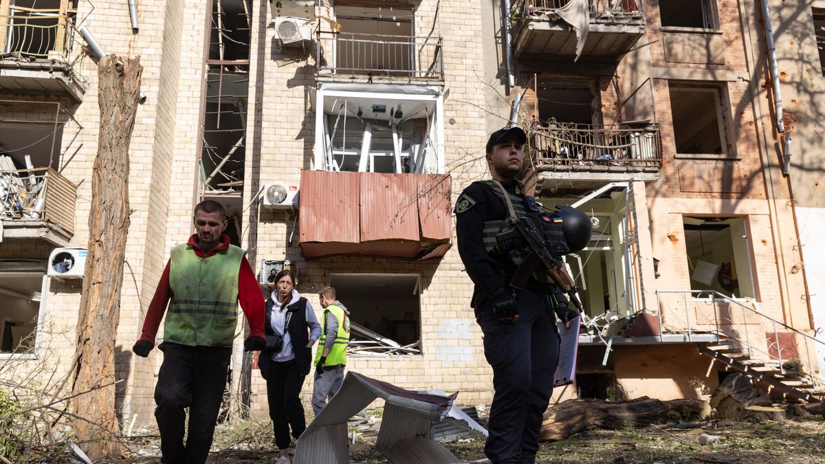 First responders are conducting operations at a damaged site after a Russian attack in Kharkiv, Ukraine, on May 5, 2024. Communal workers are working at a site near an apartment building that was damaged by a Russian air strike, amid Russia's ongoing attack. People are walking past the scene of a Russian bomb attack on a residential building in Kharkiv, northeastern Ukraine. It is reported that 15 people were wounded as a result of the daylight attack on Kharkiv, as specified by the regional prosecutor's office. At least 15 people have been wounded in glide bomb attacks across the city, according to a report from the Kharkiv Regional Prosecutor's Office.

Of the 15 injured, four have been hospitalized: men aged 67 and 70, a 75-year-old woman, and an approximately 25-year-old woman in serious condition, as Olena Shapoval, spokeswoman of the OVA, told Suspilne Kharkiv.

''The youngest among the wounded is unknown. The oldest victim is 80 years old; she is experiencing an acute reaction to stress,'' Shapoval said.

After arriving on Danylevsky Street, 18-year-old Veronika was admitted to the hospital. She had been walking with Lucius, a Giant Schnauzer, who died in the attack. ''Unfortunately, despite Easter, when all Christians celebrate the holiday, the enemy struck Kharkiv again. There were three hits, three anti-aircraft missiles, which caused serious destruction,'' said Ihor Terekhov, the mayor of Kharkiv. (Photo by Eugene Titov/NurPhoto via Getty Images)