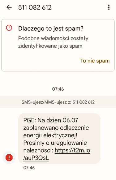 Fałszywy SMS o wyłączeniu energii elektrycznej.