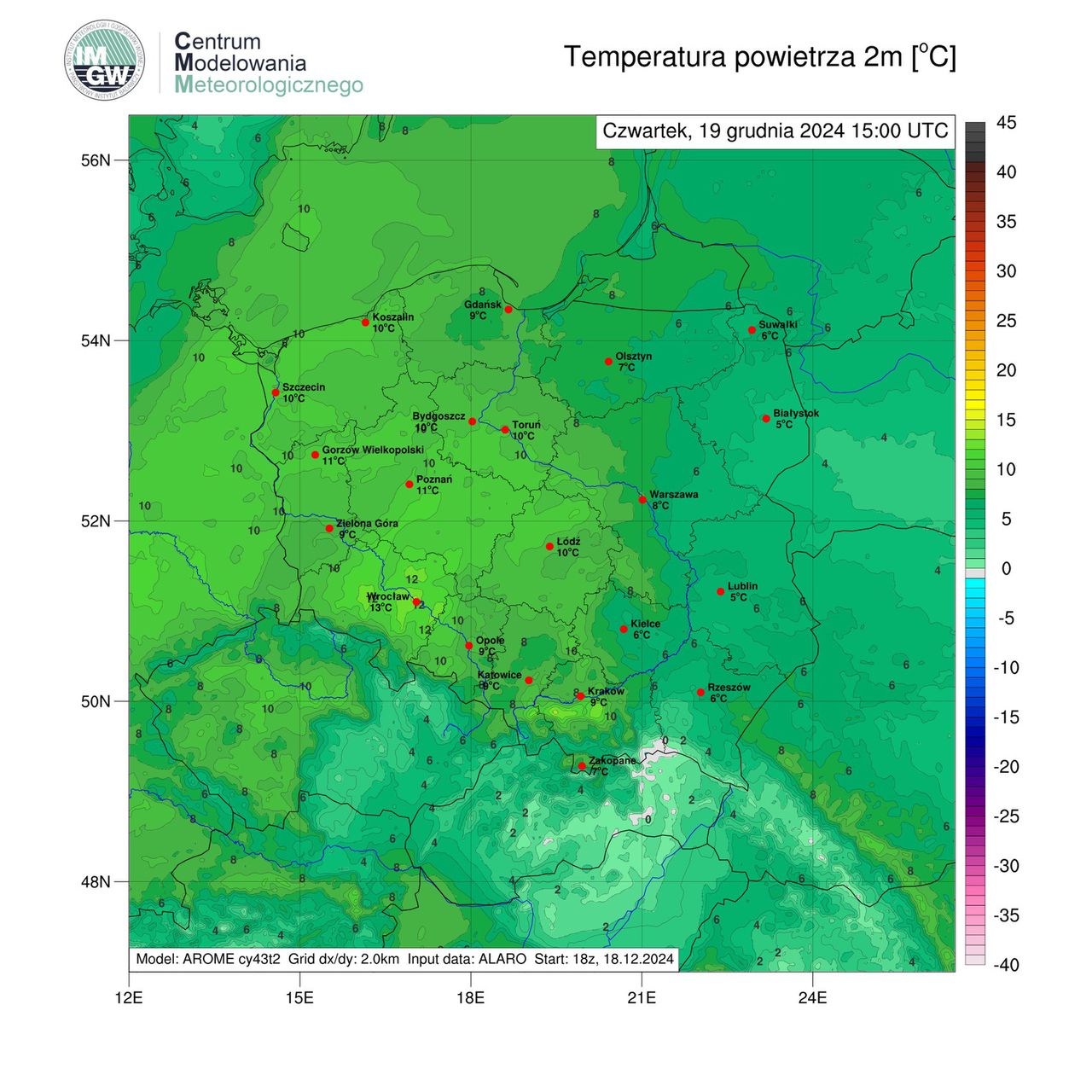 Prognoza temperatury w czwartek o godz. 12