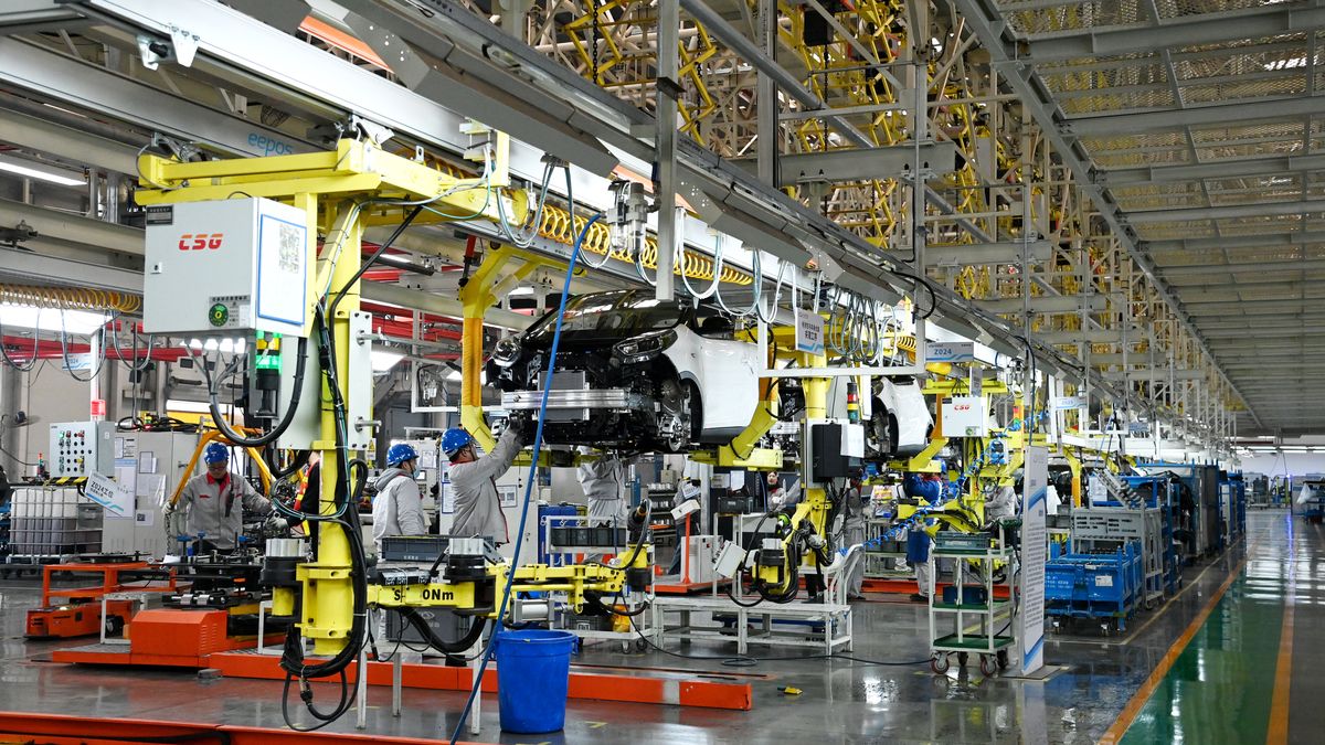 SHIJIAZHUANG, CHINA - FEBRUARY 25: Workers manufacture Chery new energy vehicles at Shijiazhuang Branch of Chery New Energy Automobile Co., Ltd. on February 25, 2025 in Shijiazhuang, Hebei Province of China. (Photo by VCG/VCG via Getty Images)