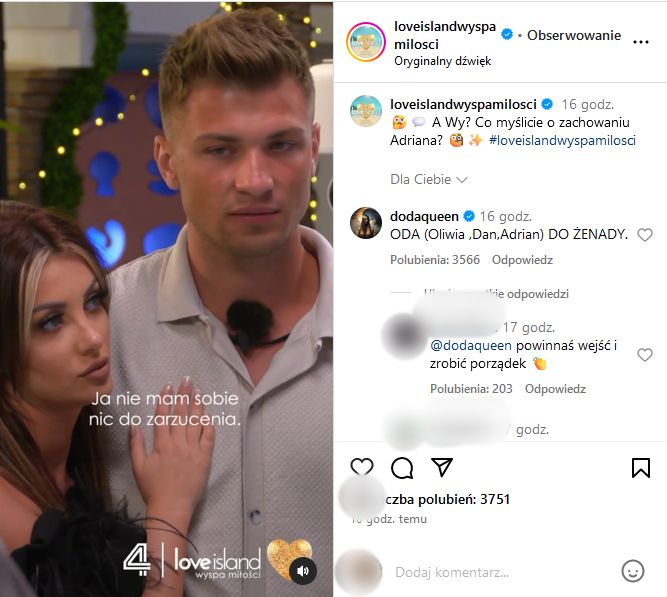 Fani "Love Island" krytycznie ocenili zachowanie Adriana. Swoje zdanie wyraziła także Doda 