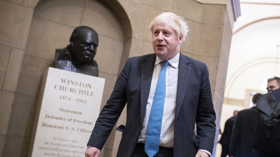 UNITED STATES - SEPTEMBER 22: British Prime Minister Boris Johnson checks out a bust of Sir Winston Churchill  after a meeting with Speaker of the House Nancy Pelosi, D-Calif., in the U.S. Capitol on Wednesday, September 22, 2021. (Photo By Tom Williams/CQ-Roll Call, Inc via Getty Images)