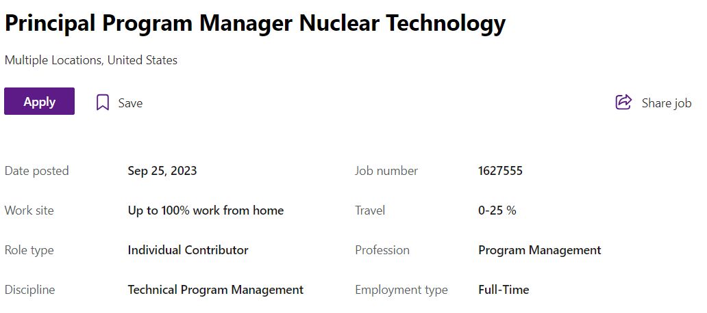 Ogłoszenie o pracę w Microsoft - stanowisko dla specjalisty ds. technologii jądrowej.