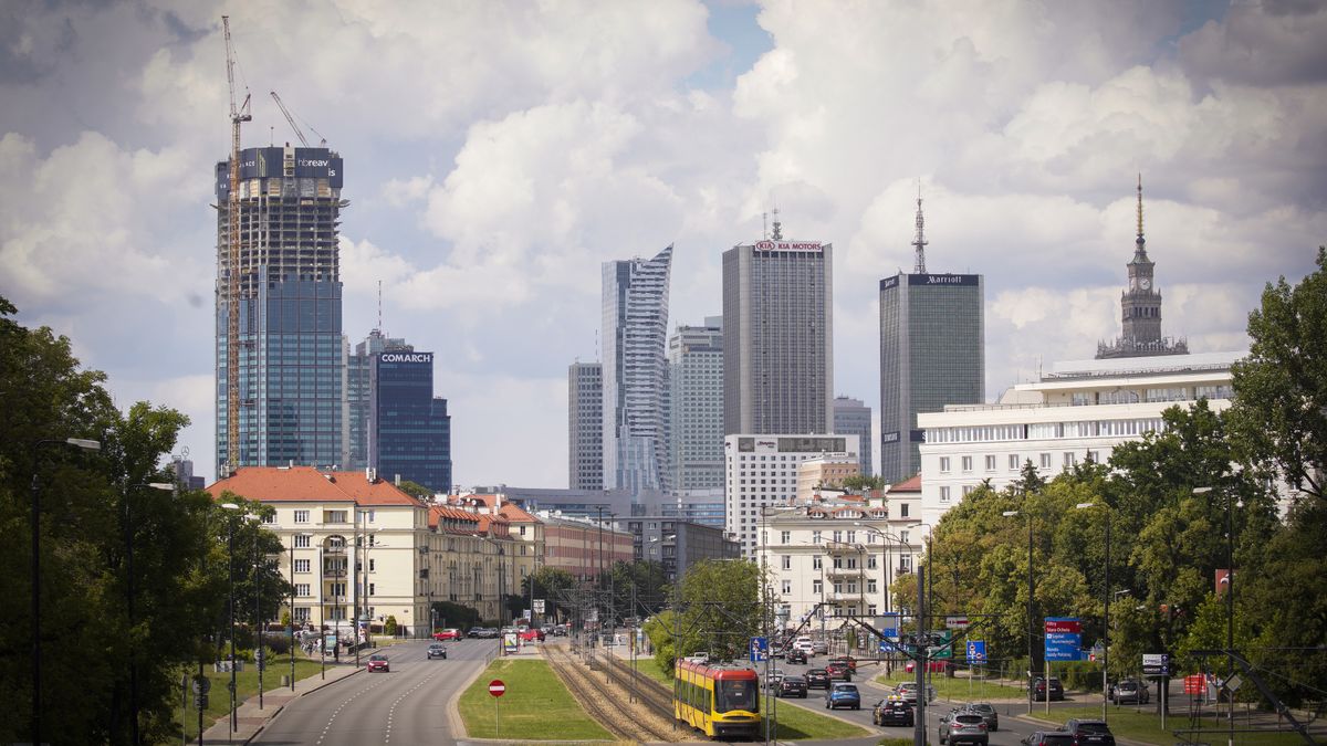 The city skyline is seen from Independence Avenue in Warsaw, Poland on July 27, 2020. Daily cases in Poland increased by over a thousand in just two days over the weekend. In the last months new cases hovered around 300 per day. Warm weather has seen people go to public hotspots on the coast and in the mountains without masks or social distancing. (Photo by Jaap Arriens/NurPhoto via Getty Images)
