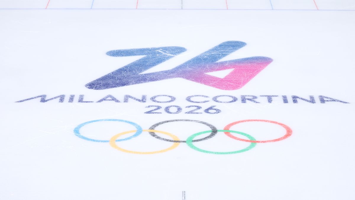 MILAN, ITALY - FEBRUARY 02: The Milano-Cortina 2026 Olympic Winter Games logo is shown on the ice rink of Milano Ice Skating Arena, the competition venue for Figure Skating and Short Track Speed Skating, ahead of the 2026 Milano Cortina Winter Olympics on February 2, 2026 in Milan, Italy. The opening ceremony for the 2026 Milano Cortina Winter Olympics will take place on February 6, 2026. (Photo by Tang Xinyu/VCG via Getty Images)