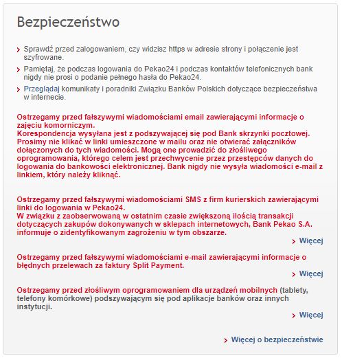 Ostrzeżenia widoczne dla klientów logujących się do bankowości Pekao, źródło: bankowość internetowa Pekao.