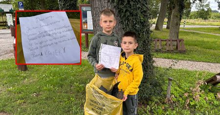Byli z tatą w lesie. Zobaczyli śmieci i zostawili kartkę
