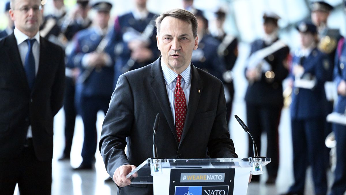 BRUSSELS, BELGIUM - APRIL 4: Polish Foreign Minister Radoslaw Sikorski delivers a speech as he attends NATO's 75th anniversary ceremony, held in the gathering place called 'Agora' at the NATO headquarters in Brussels, Belgium on April 4, 2024. (Photo by Dursun Aydemir/Anadolu via Getty Images)