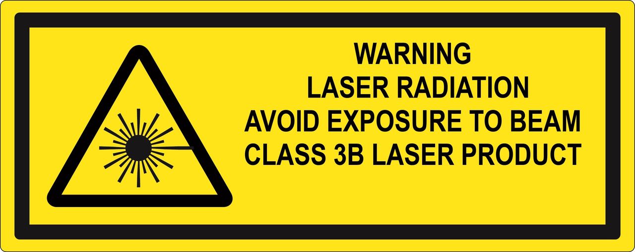 Tabliczka lub naklejka, która powinna znajdować się na każdym laserze: standardowy piktogram ostrzegawczy i informacja o klasie urządzenia