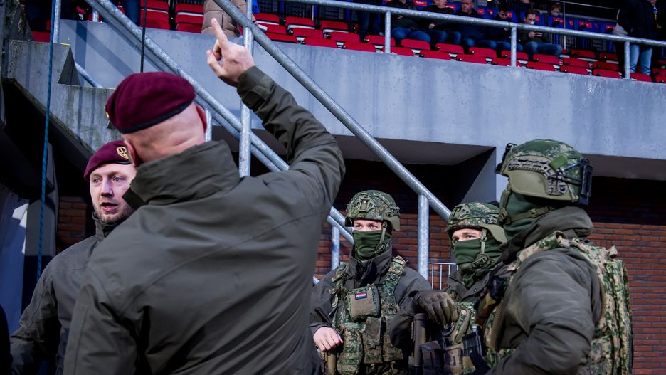 EMMEN - Activities by the Royal Netherlands Army prior to the Dutch premier league match between FC Emmen and SC Cambuur at De Oude Meerdijk on January 15, 2023 in Emmen, Netherlands. ANP COR LASKER (Photo by ANP via Getty Images)