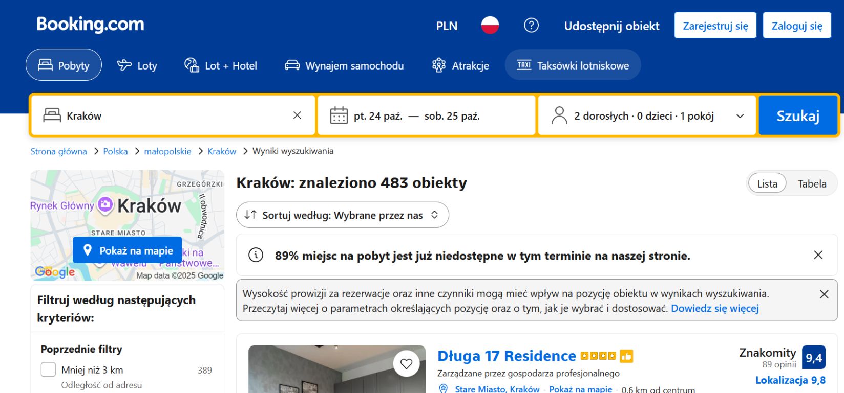 W Krakowie wolnych pozostało jedynie 11 proc. miejsc noclegowych