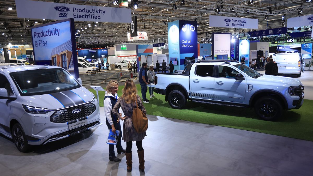 The IAA Transportation 2024 Commercial Vehicle Show
A Ford E-Transit Custom van, left, and a Ford Ranger Stormtrak Plug-In Hybrid electric vehicle at the IAA Transportation fair in Hannover, Germany, on Monday, Sept. 16, 2024. The commercial vehicle exhibition runs until Sept. 22. Photographer: Krisztian Bocsi/Bloomberg via Getty Images
Bloomberg
transportation and logistics, evs - electric vehicles, european, automobile, forum, german, business news, summit, hannover, vehicles, vans, emea, autos, conference, e.u., eu, automotive, automobiles, expositions, automotive industry, auto, speakers, industries, trade shows, vehicle, transport, euro members