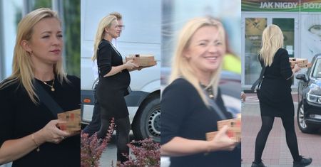 Pogodna Barbara Kurdej-Szatan eksponuje ciążowy brzuszek, dumnie krocząc po pizzę na wynos (ZDJĘCIA)