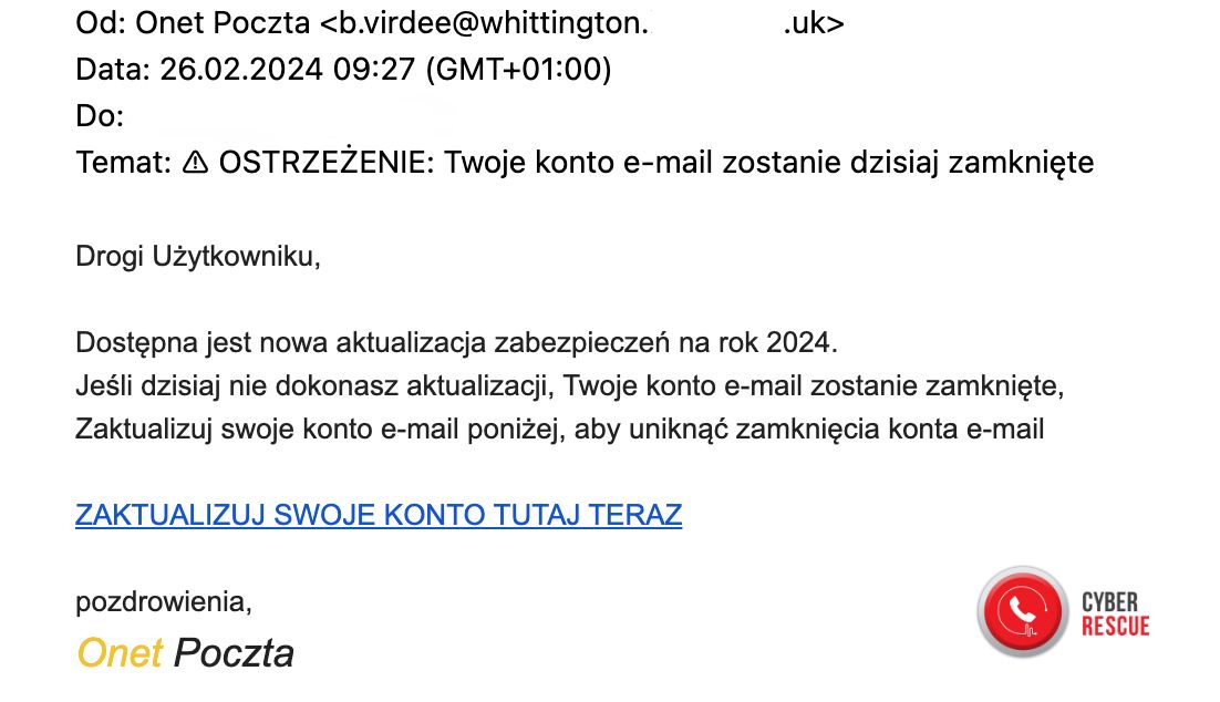 Fałszywy e-mail od "Onet Poczty"