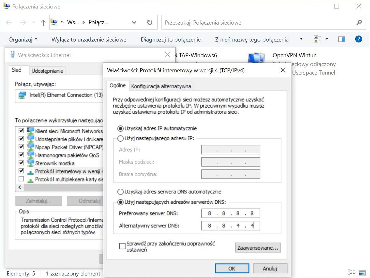 Właściwości karty sieciowej w systemie Windows