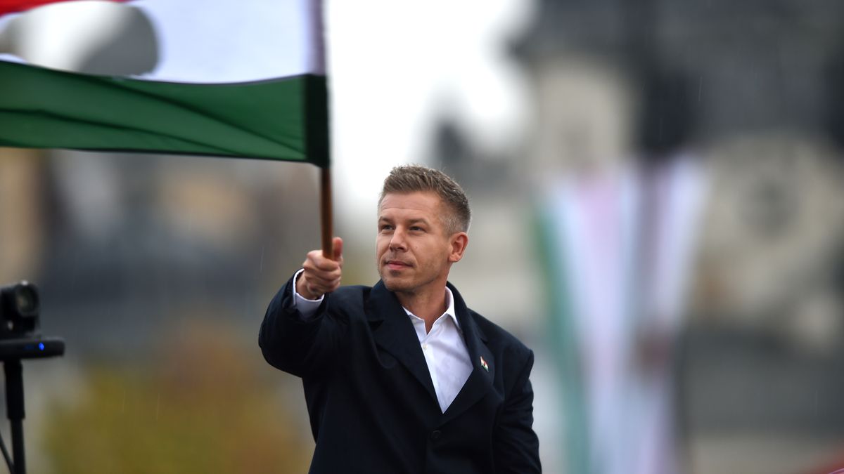 Peter Magyar, leader of the Tisza Party, speaks at the memorial of the Tisza Party on the 69th anniversary of the breakout of the Hungarian Revolution of 1965, in Budapest, Hungary, on October 23, 2025. (Photo by Balint Szentgallay/NurPhoto via Getty Images)