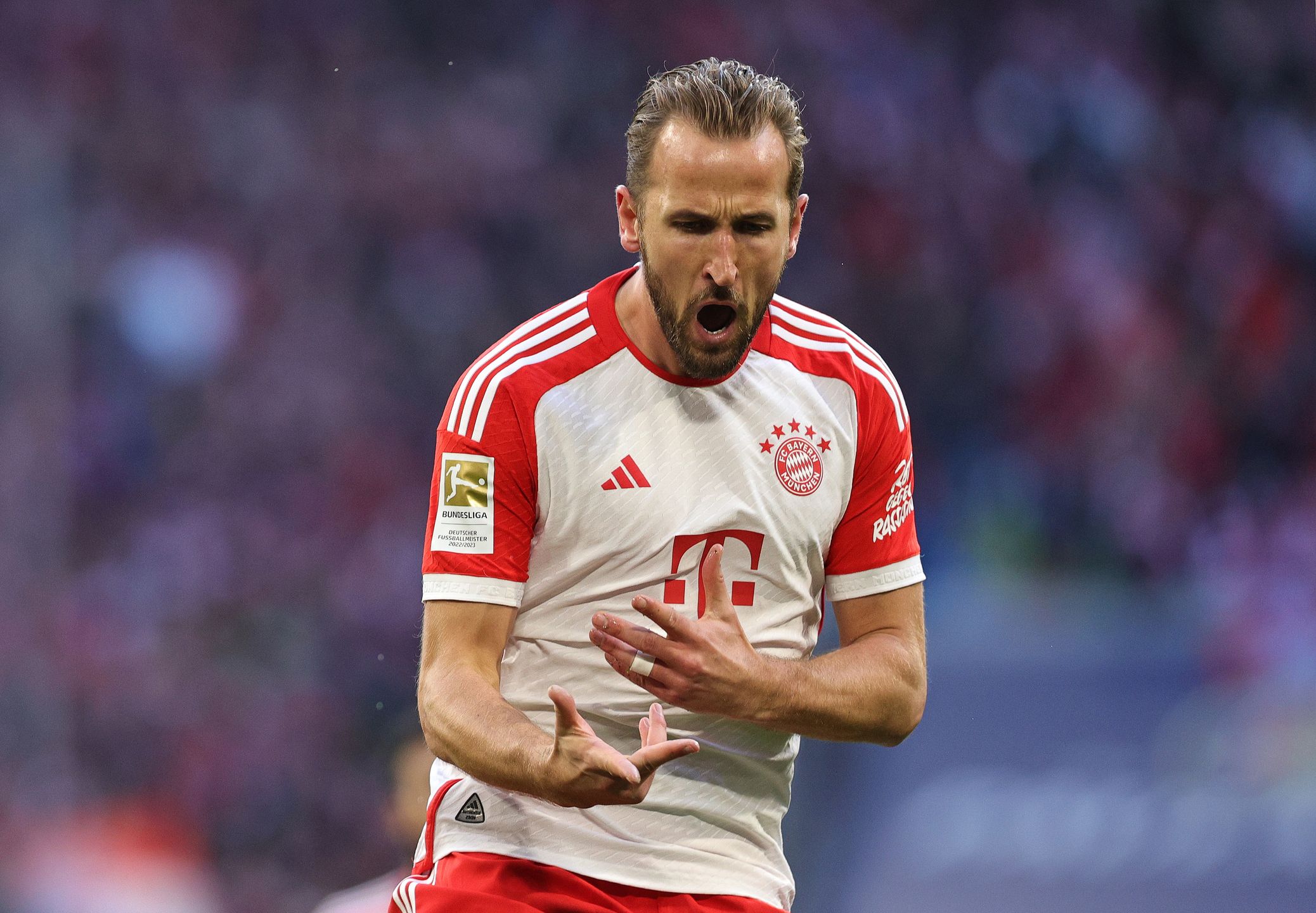 MUNICH, GERMANY - NOVEMBER 11: Harry Kane of FC Bayern München celebrates after scoring his teams first goal during the Bundesliga match between FC Bayern München and 1. FC Heidenheim 1846 at Allianz Arena on November 11, 2023 in Munich, Germany. (Photo by Marcel Engelbrecht - firo sportphoto/Getty Images)