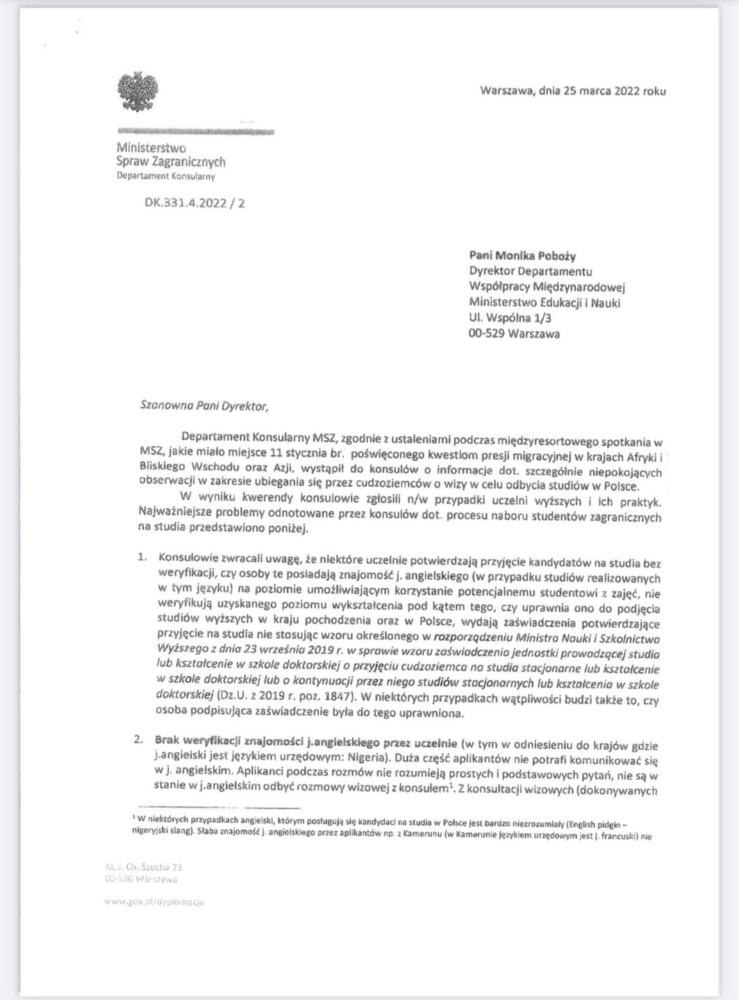 Pismo Departamentu Konsularnego MSZ do Departamentu Współpracy Międzynarodowej MEiN