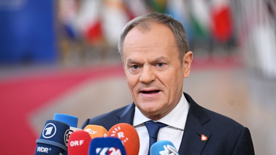 BRUSSELS, BELGIUM - FEBRUARY 01: Polish Prime Minister Donald Tusk speaks to the press ahead of special European Council meeting at the European headquarters in Brussels, Belgium on February 01, 2024. EU leaders are gathering in Brussels on Thursday as part of a special European Council meeting to discuss 'pressing issues,' including the war in Ukraine and Multiannual Financial Framework. (Photo by Dursun Aydemir/Anadolu via Getty Images)