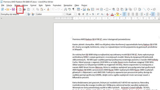 LibreOffice Writer: ikona eksportu do pliku PDF