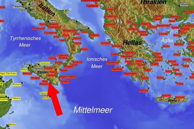 Mapa greckich kolonii (na czerwono). Czerwoną strzałką zaznaczono miasto Gela.