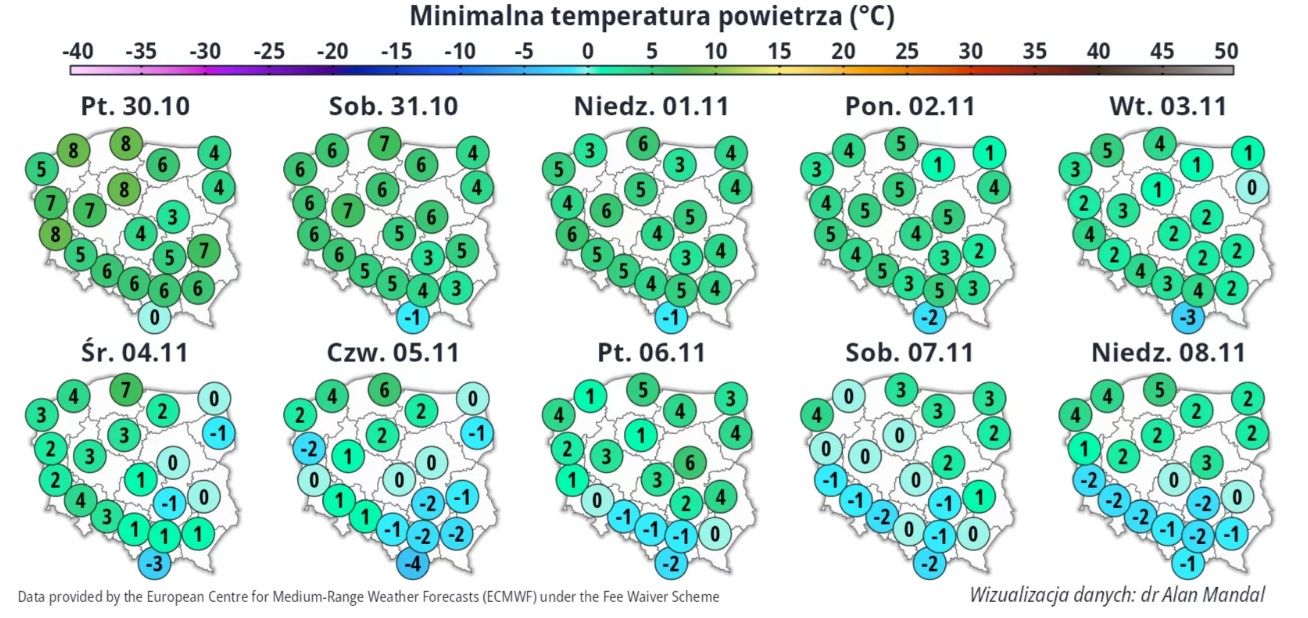 Minimalne prognozowane temperatury powietrza.