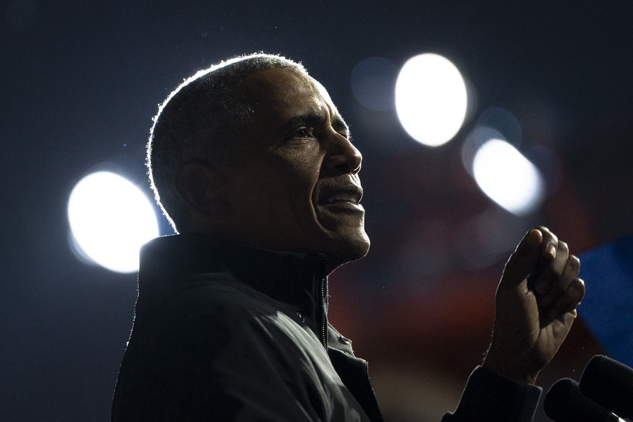 DETROIT, MI - OCTOBER 31: Former President Barack Obama speaks during a drive-in campaign rally with Democratic presidential nominee Joe Biden at Belle Isle on October 31, 2020 in Detroit, Michigan. Biden is campaigning with Obama on Saturday in Michigan, a battleground state that President Donald Trump narrowly won in 2016. (Photo by Drew Angerer/Getty Images)